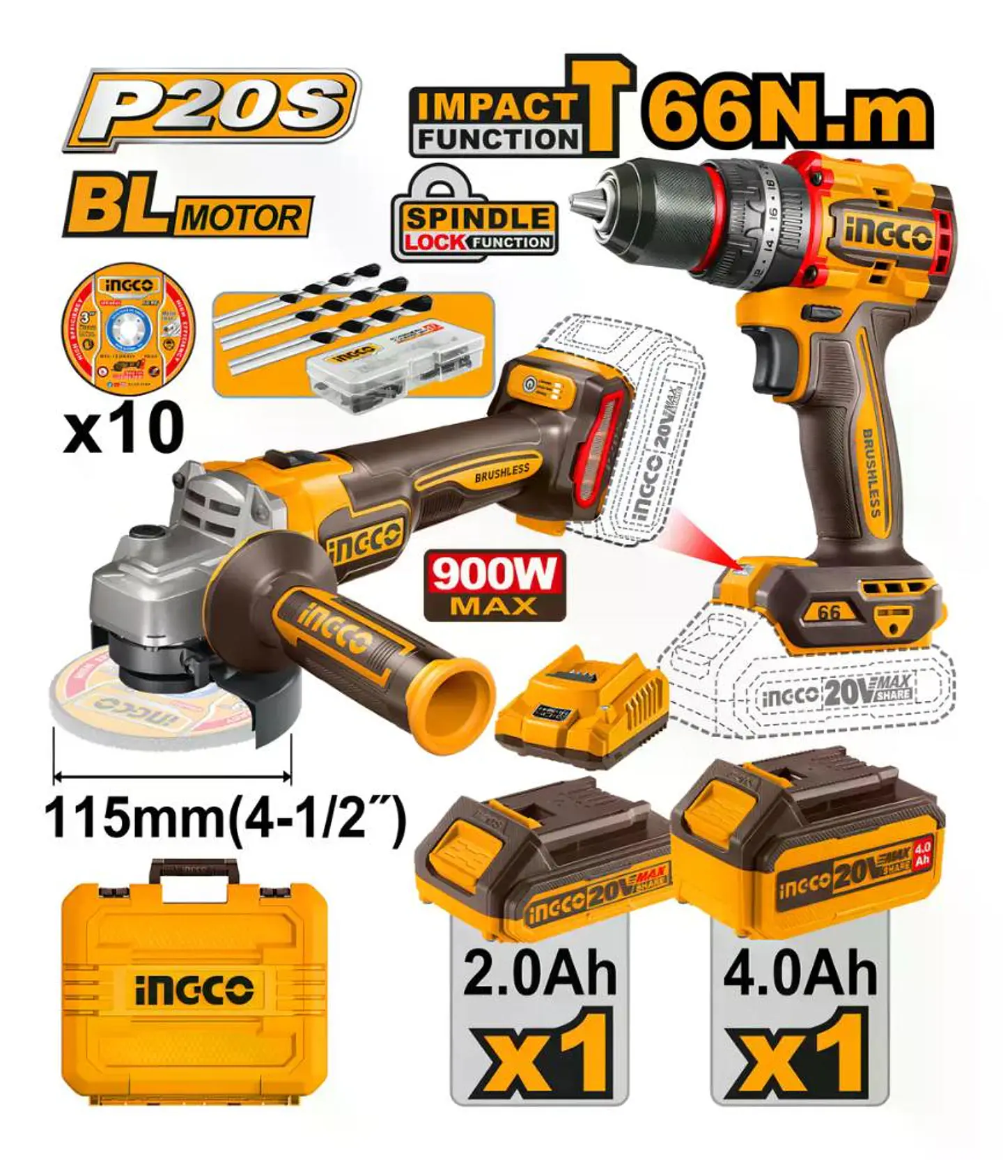 Set Kit Taladro Y Esmeril Bl Inalamb 20v Ingco + 2 Bat + Acc 12