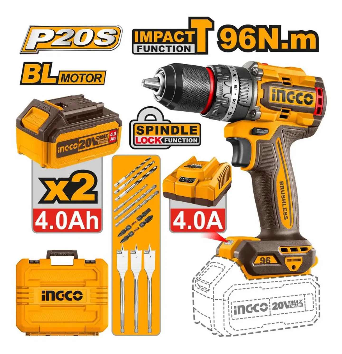 Taladro Percutor Bl 20v 96nm 2 Bate Maleta Ingco Cidli209686 Naranja Claro 50 Hz / 60 Hz 14