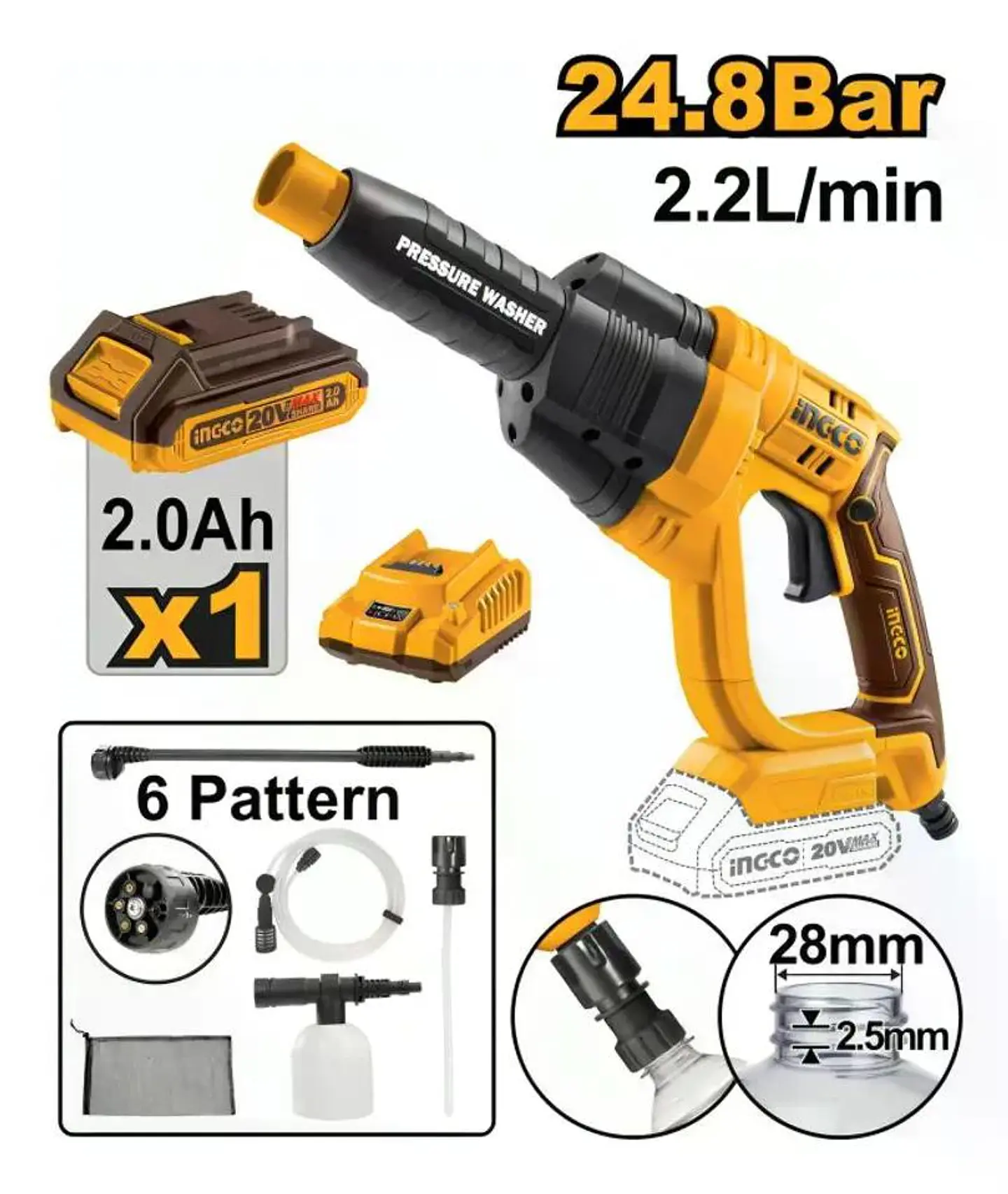 Hidrolavadora Inalambrica 20v Ingco + Bat+ Carg+ 5 Acc Naranja 50 Hz/60 Hz 12