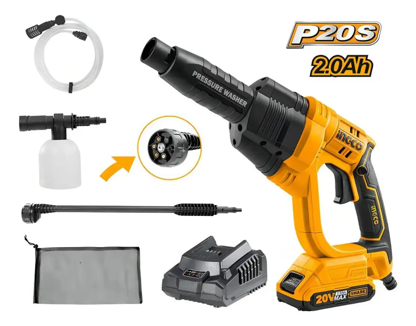 Hidrolavadora Inalambrica 20v Ingco + Bat+ Carg+ 5 Acc Naranja 50 Hz/60 Hz 20