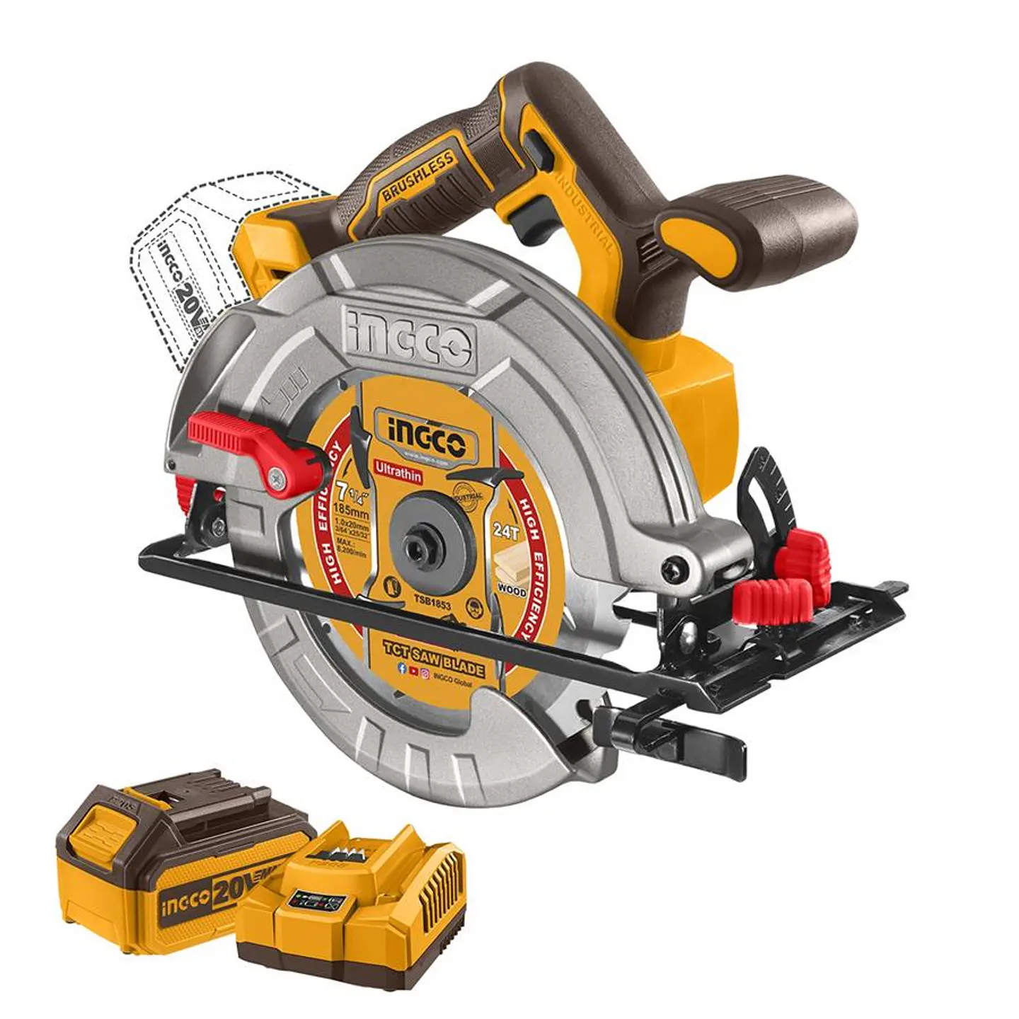 Kit Sierra Circular Inalambrica BL 1/4 20V 185 mm Ingco +B+C 1
