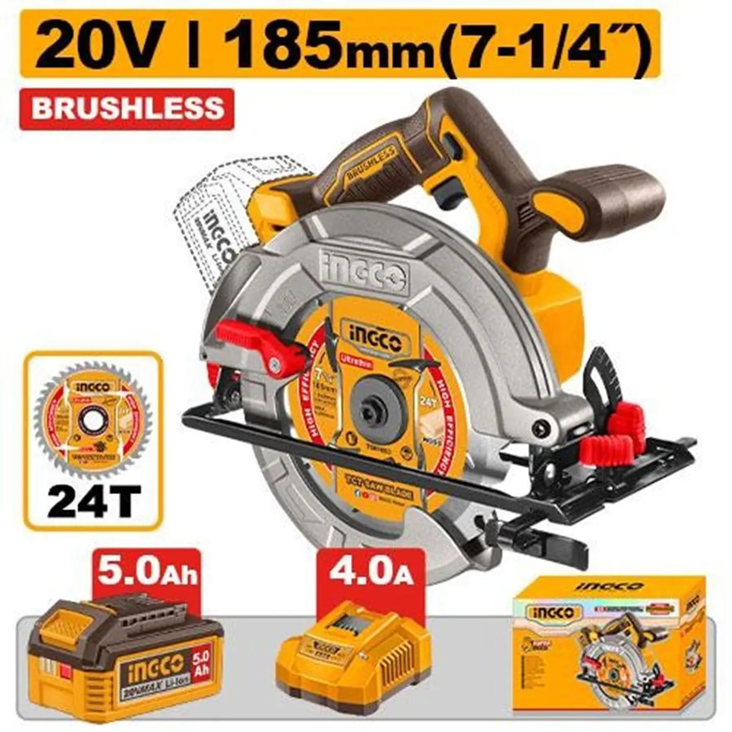 Kit Sierra Circular Inalambrica BL 1/4 20V 185 mm Ingco +B+C 2