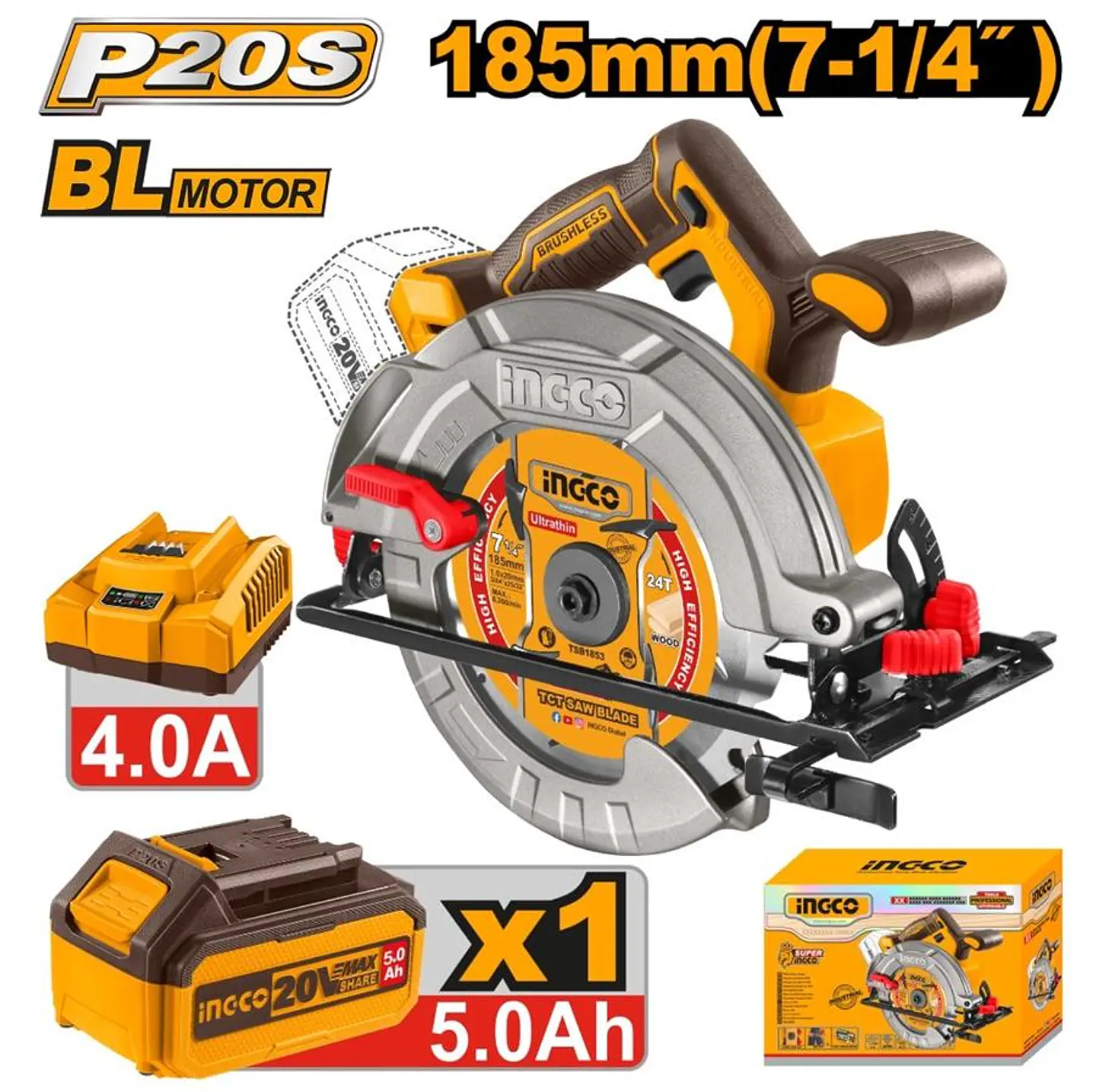 Kit Sierra Circular Inalambrica BL 1/4 20V 185 mm Ingco +B+C 4