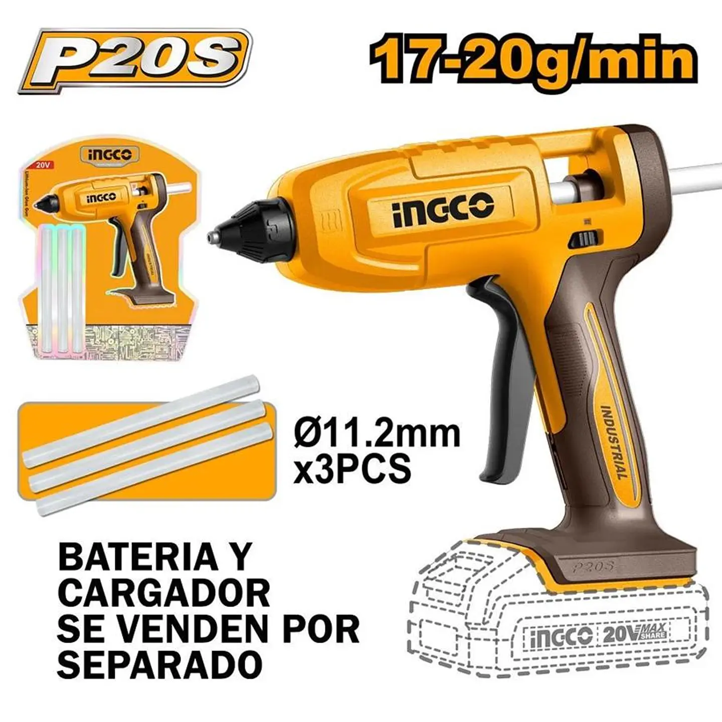 Pistola Para Silicona Inalambrica 17-20 gr/min 20V Ingco 2