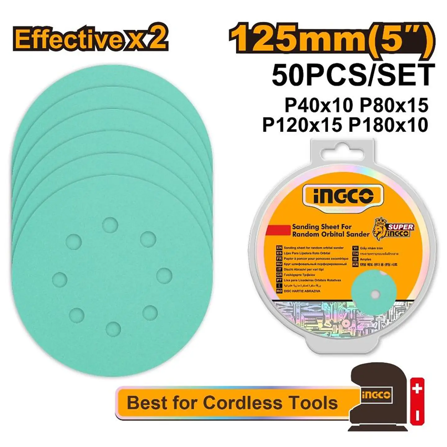 Set 50 Discos Lija Multimaterial 125 mm 5 Pulg P40-180 Ingco 2