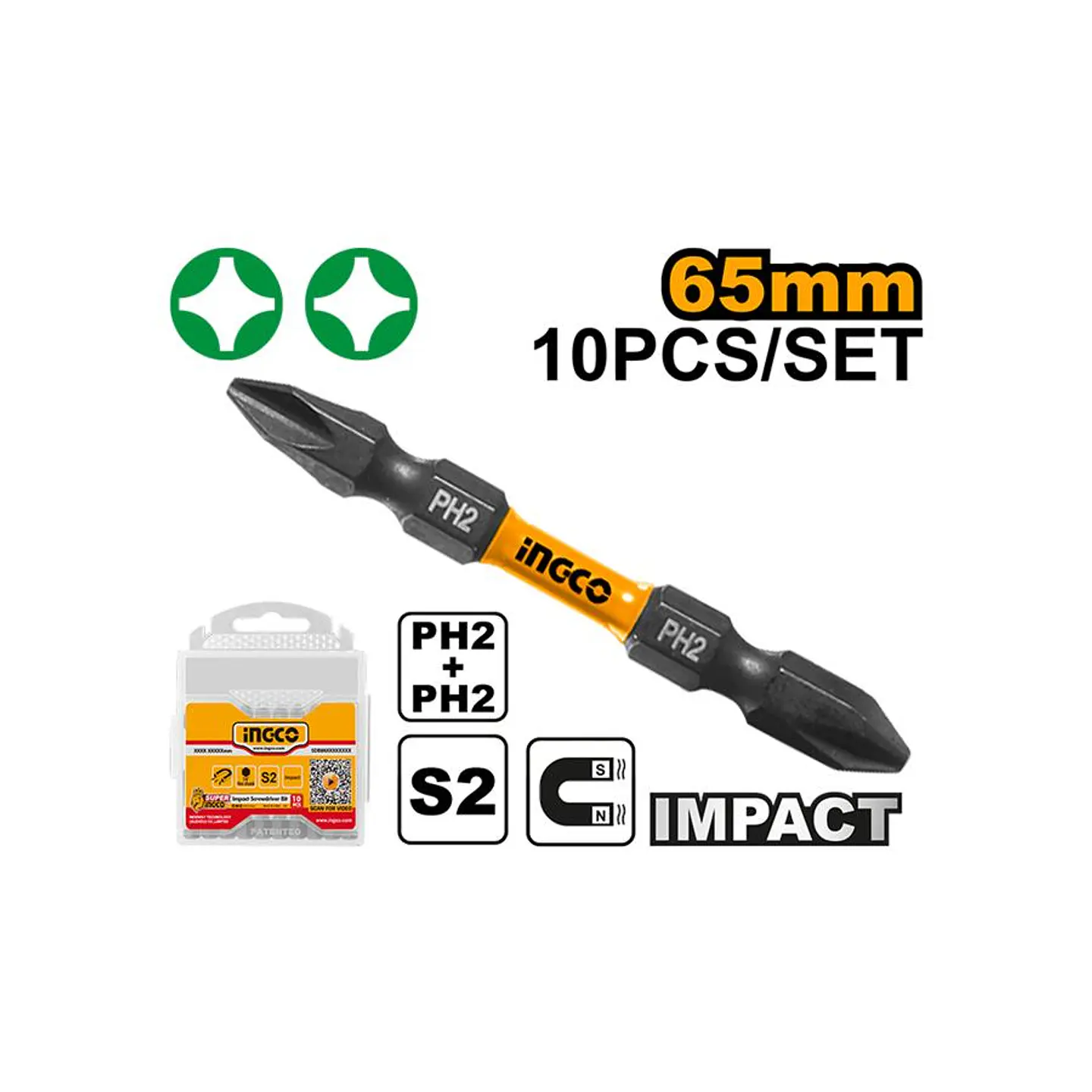 Set de 10 Puntas Doble Atornillador Impacto PH2x65mm Ingco 2