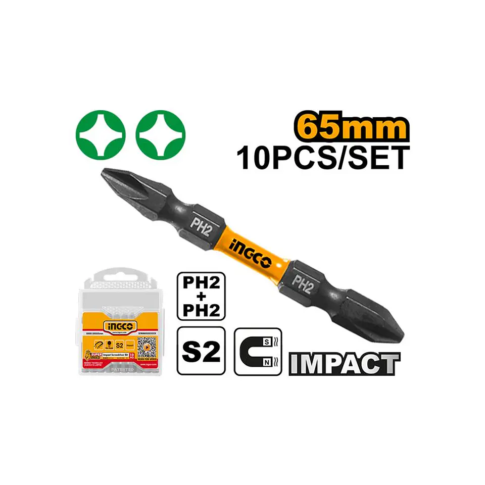 Set de 10 Puntas Doble Atornillador Impacto PH2x65mm Ingco 2