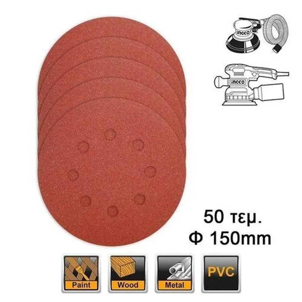 Set De 50 Discos de Lija 150 mm 6 Pulgadas P40-180 Ingco 3