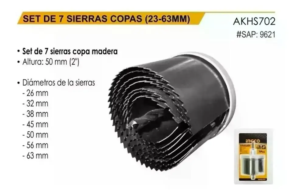 Set Juego 7 Brocas Sierra Copa Ingco 26 - 63 Mm Para Madera 4