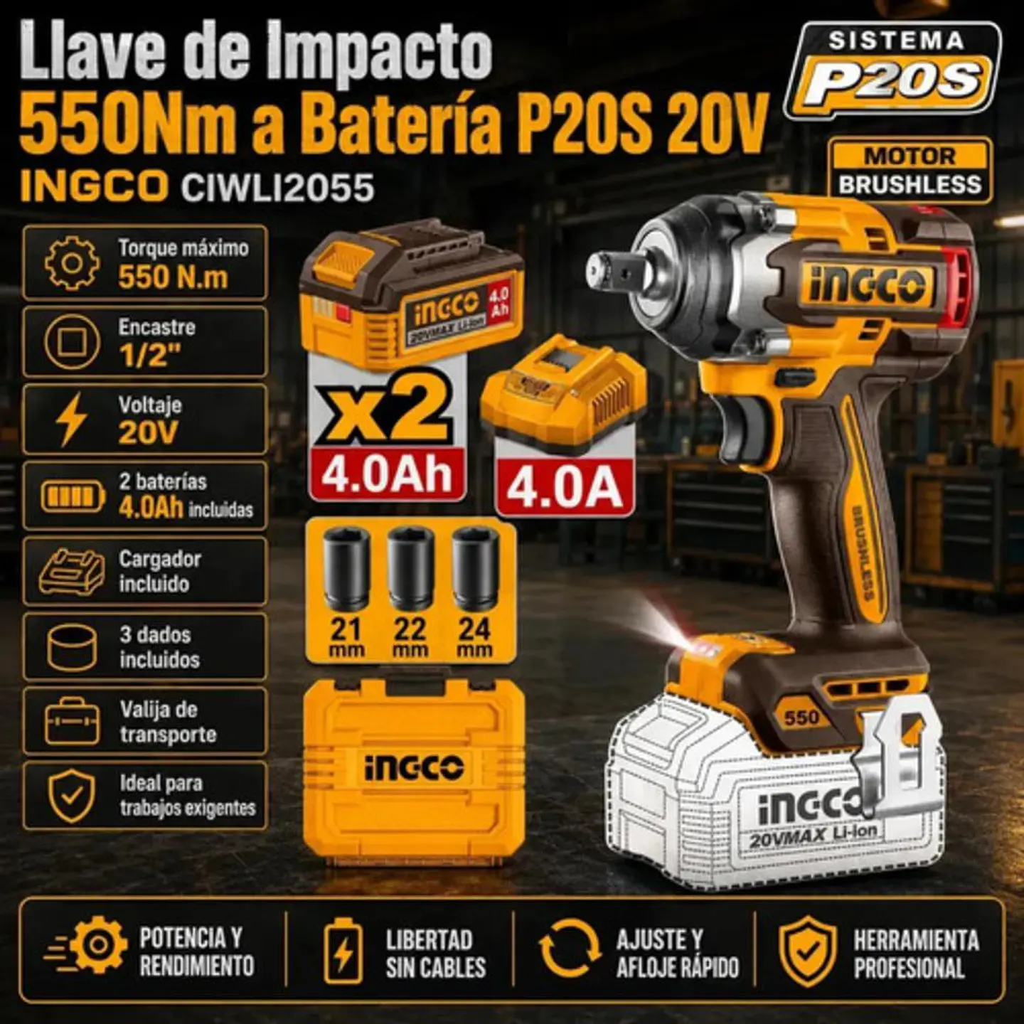Llave Pistola De Impacto Bl 1/2 550 Nm Ingco 2 Bat Ciwli2055 Marrón Oscuro 20v 50 - 60 Hz 10