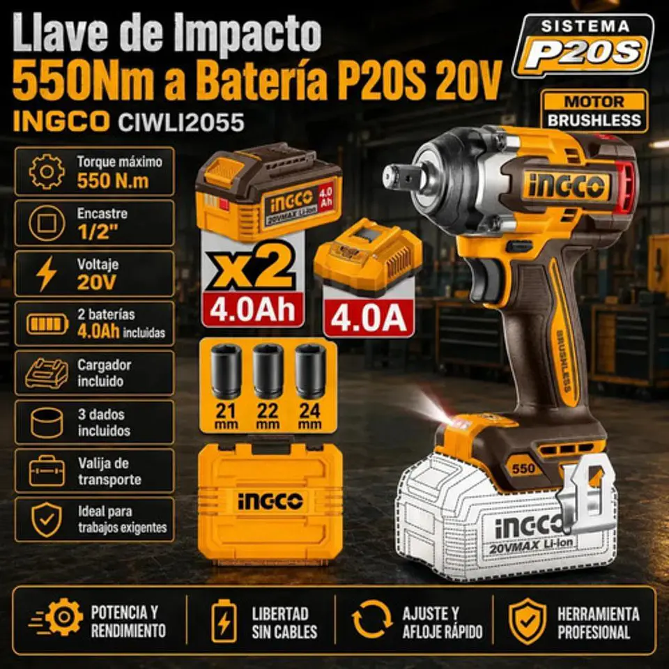 Llave Pistola De Impacto Bl 1/2 550 Nm Ingco 2 Bat Ciwli2055 Marrón Oscuro 20v 50 - 60 Hz 10