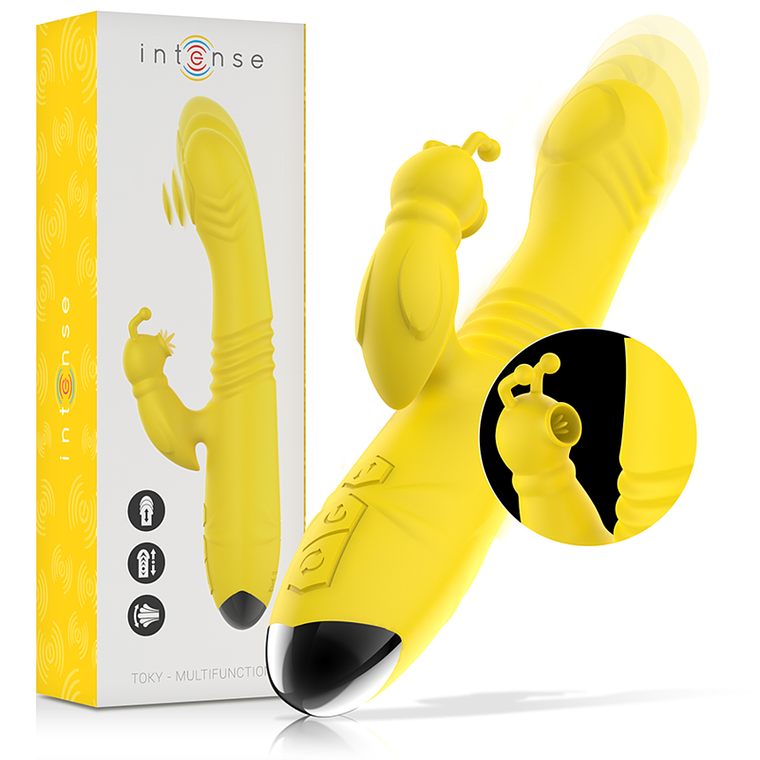 INTENSE - VIBRADOR MULTIFUNO TOKY PARA CIMA E PARA BAIXO COM ESTIMULADOR CLITÓRICO AMARELO 1