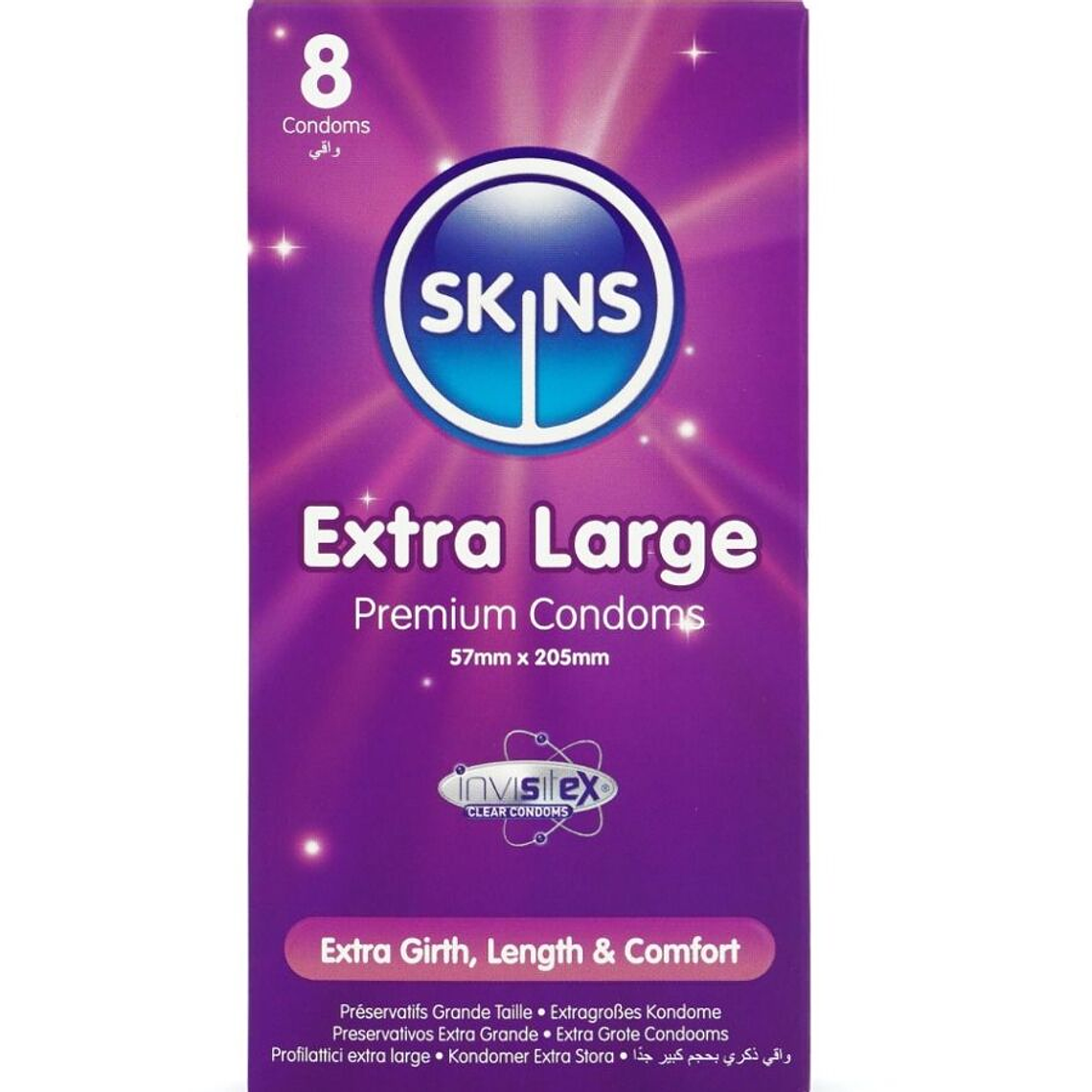 SKINS - PRESERVATIVOS EXTRA GRANDE PREMIUM PACOTE COM 8 1