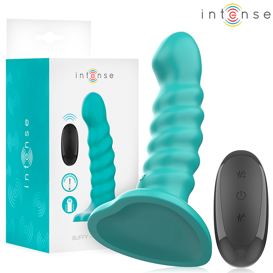 INTENSE - VIBRADOR BUFFY TAMANHO P DESIGN ESPIRAL 10 VIBRAÇÕES CONTROLE REMOTO AZUL 1