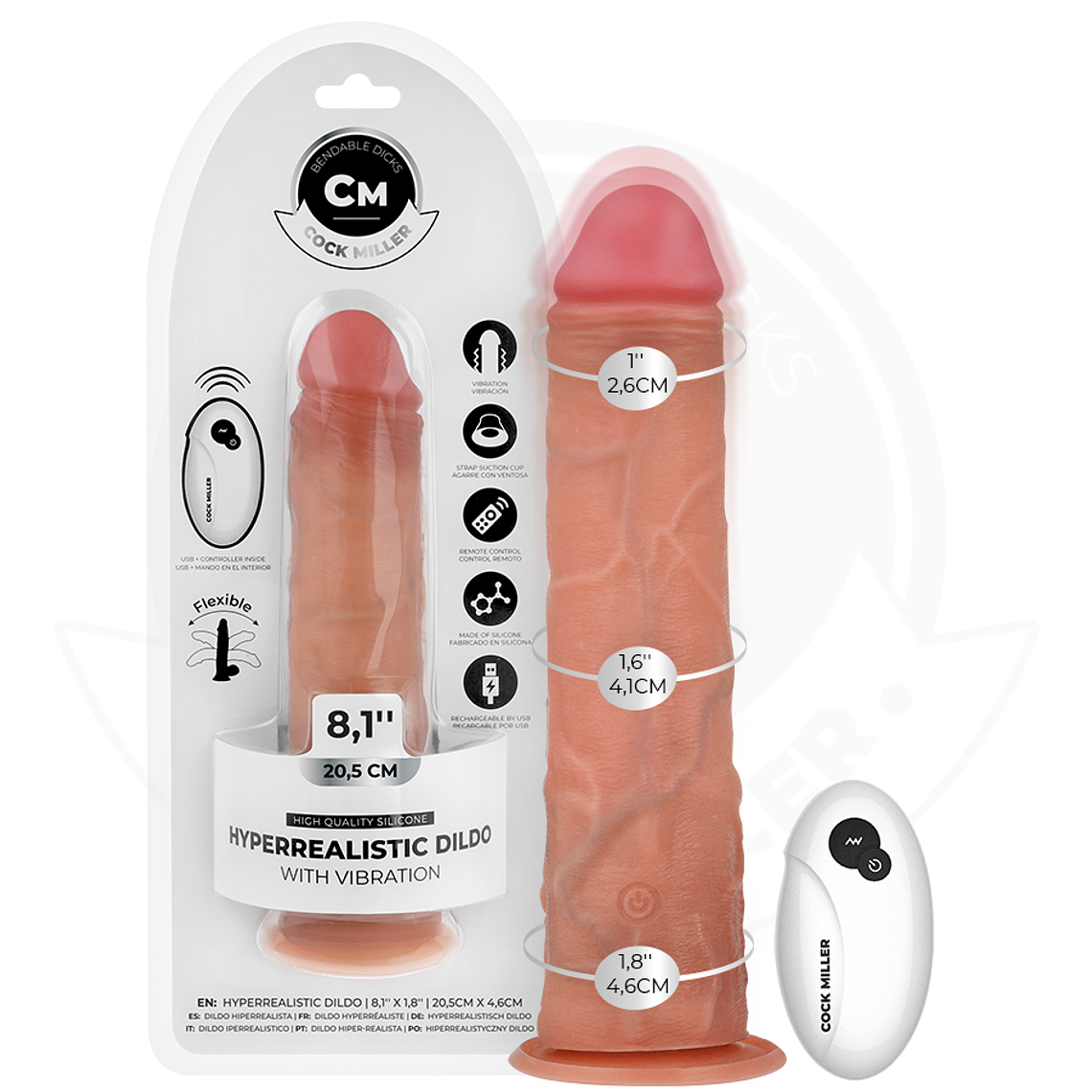 COCK MILLER - DILDO REALISTA COM VENTOSA E CONTROLE REMOTO VIBRAÇÃO 20,5 CM 1