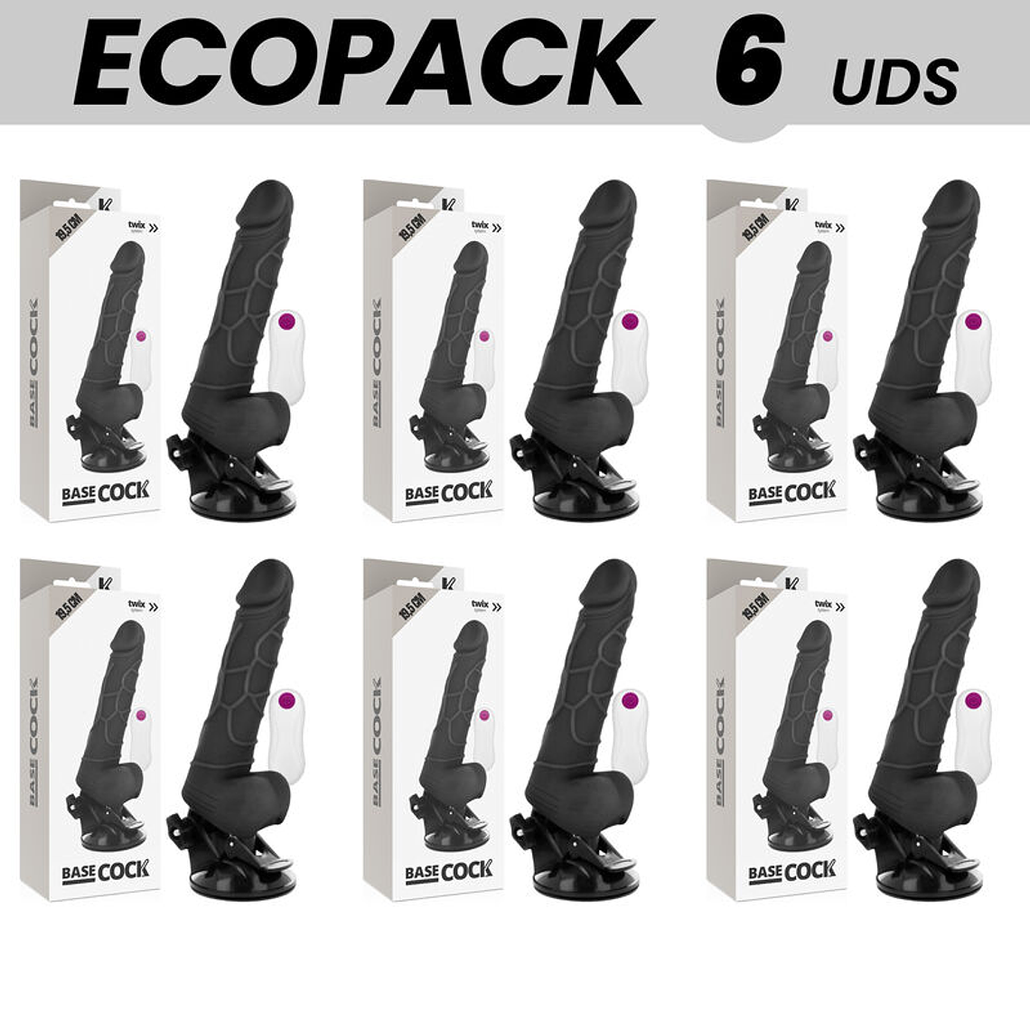 ECOPACK 6 UNIT - BASECOCK VIBRADOR REALISTA CONTROLE REMOTO PRETO COM TESTÍCULOS 19.5 CM -O- 4 CM 1