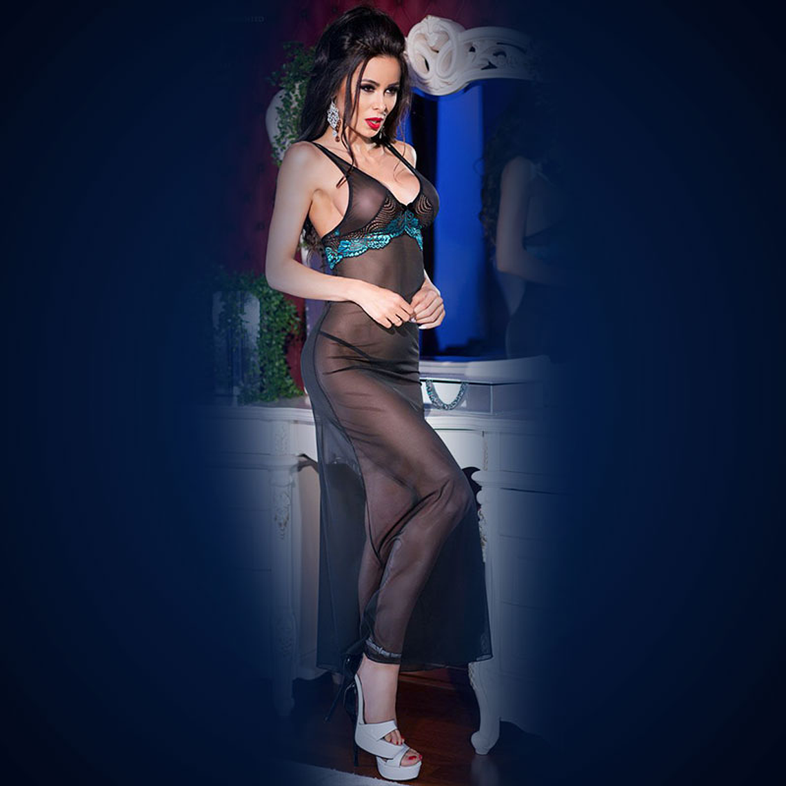 CAMISA DE NOITE E TANGA CR-4215 PRETO E AZUL - 40 L 3