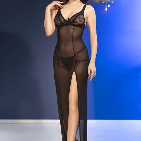 CAMISA DE NOITE E TANGA CR-4723 PRETA CHILIROSE - 36 S