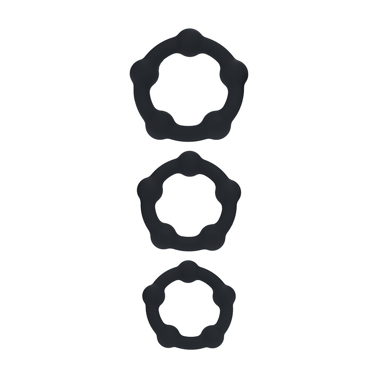 CONJUNTO DE 3 ANÉIS PARA O PÉNIS EM SILICONE COM PÉROLAS S/M/L PRETO LEVELZ 1