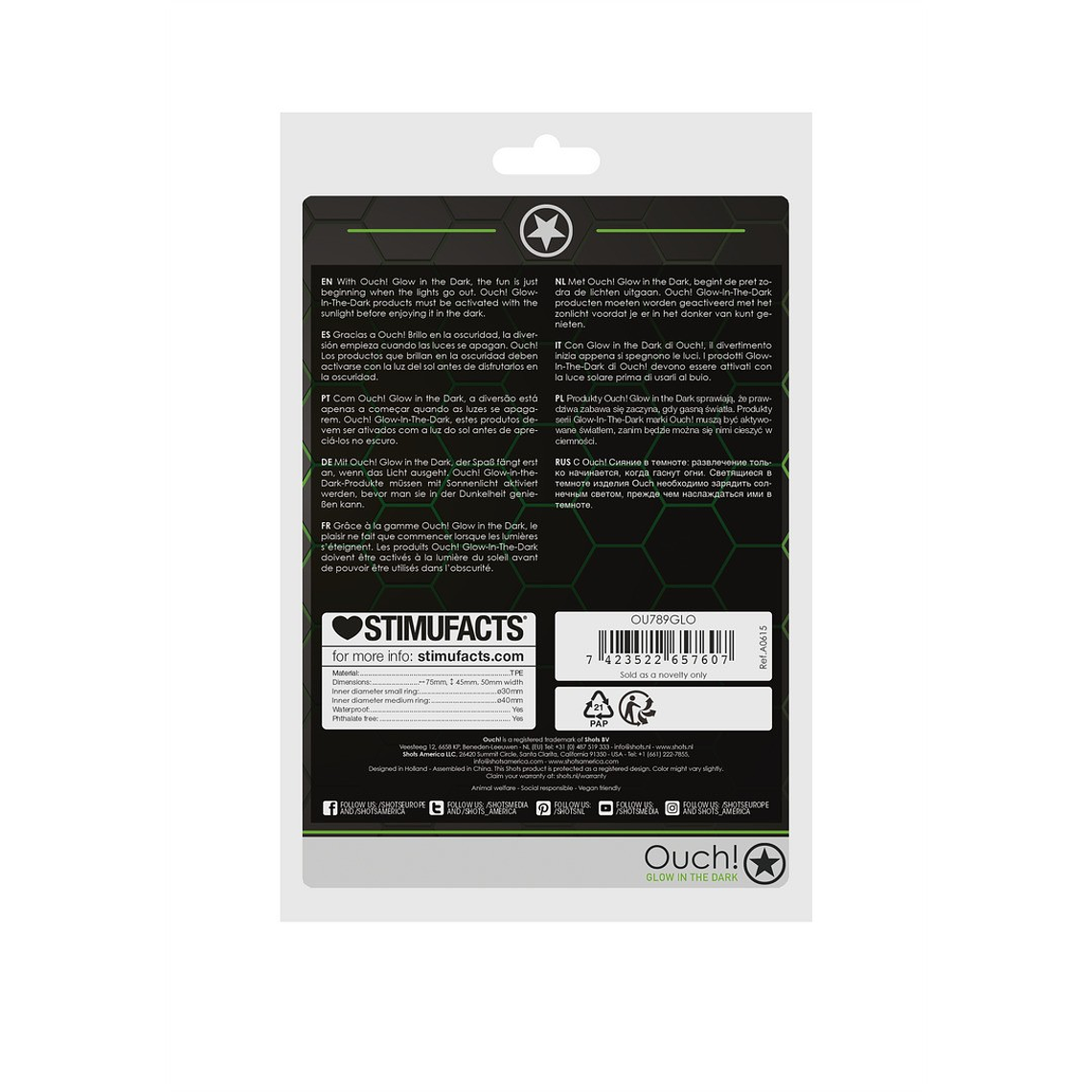 ANEL PARA O PÉNIS E TESTICULOS FLUORESCENTE GLOW IN THE DARK OUCH! 3