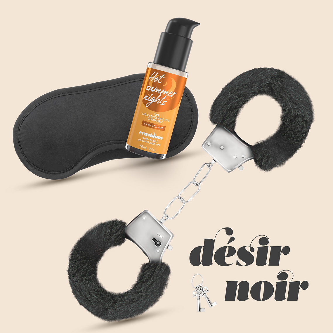 DÉSIR NOIR CONJUNTO DE ALGEMAS + VENDA ACETINADA E LUBRIFICANTE COM EFEITO CALOR CRUSHIOUS 1