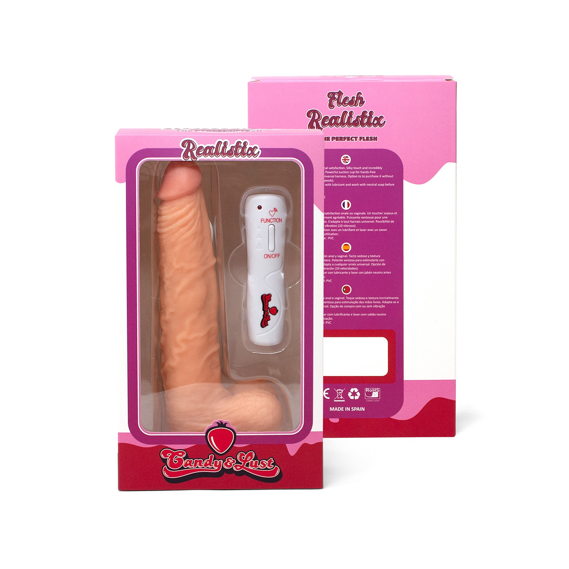 VIBRADOR REALISTICO COM TESTICULOS E COMANDO VIBE REALISTIX MOD.5 23,5CM CANDY LUST 5