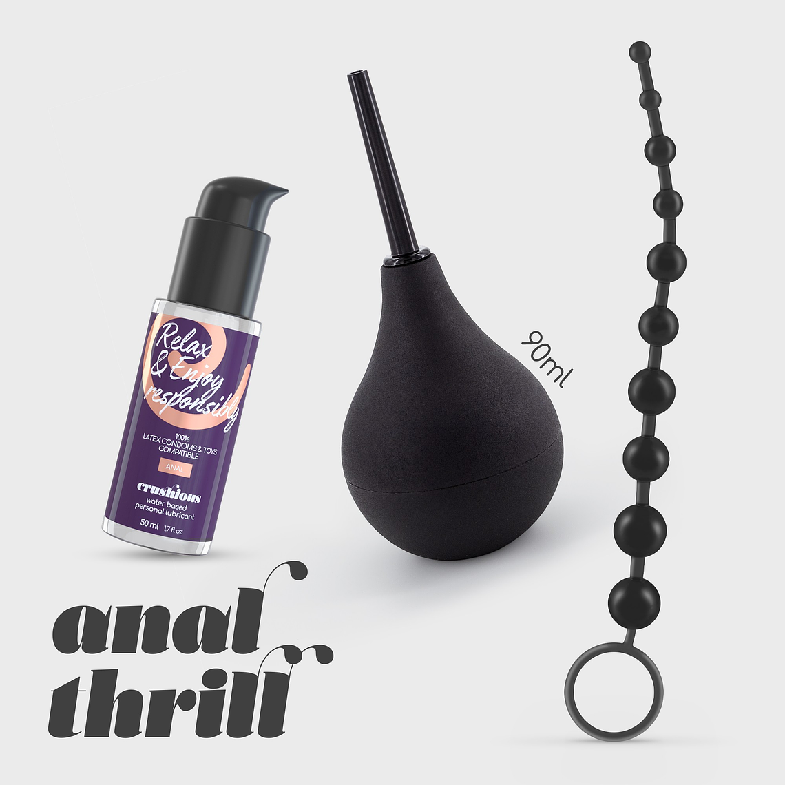 ANAL THRILL DUCHE ANAL 90ML COM LUBRIFICANTE ANAL 50ML E TIRA DE 10 PÉROLAS ANAIS CRUSHIOUS 1