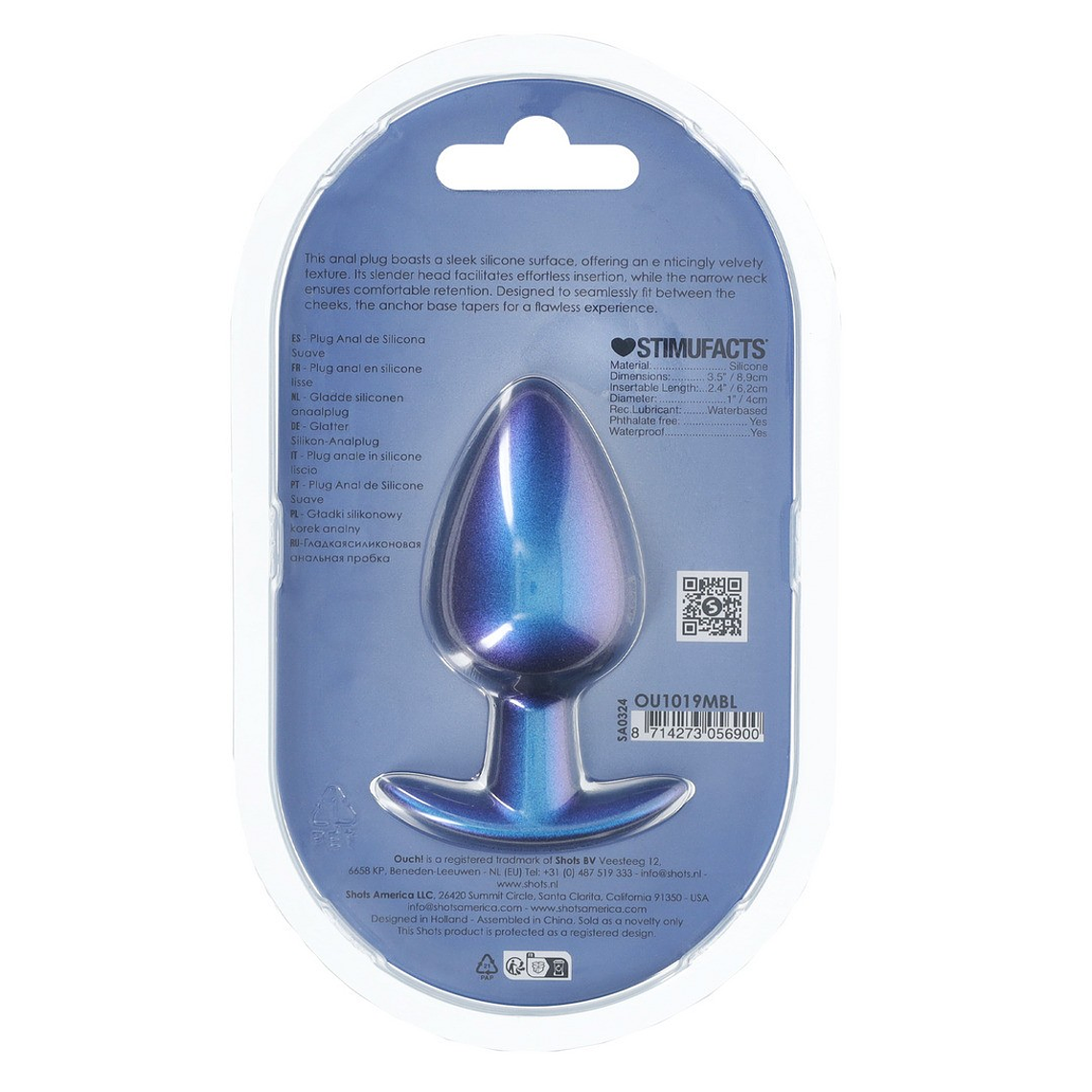 PLUG ANAL SMOOTH SILICONE LARGE 3,5 /8,9 CM METALLIC BLUE OUCH! 3