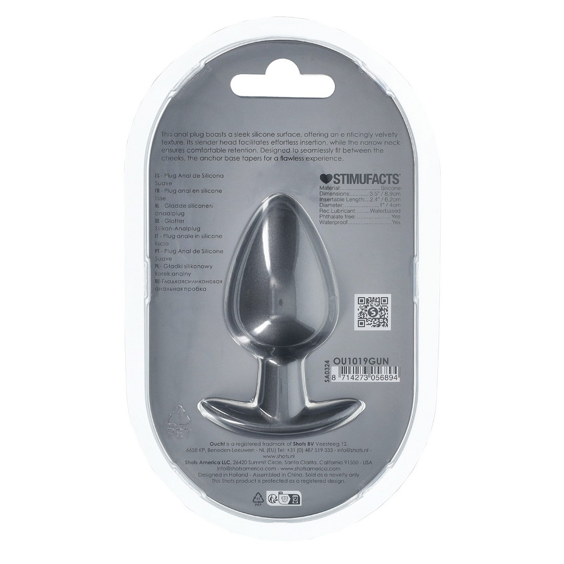 PLUG ANAL SMOOTH SILICONE LARGE 3,5 /8,9 CM GUN METAL OUCH! 3