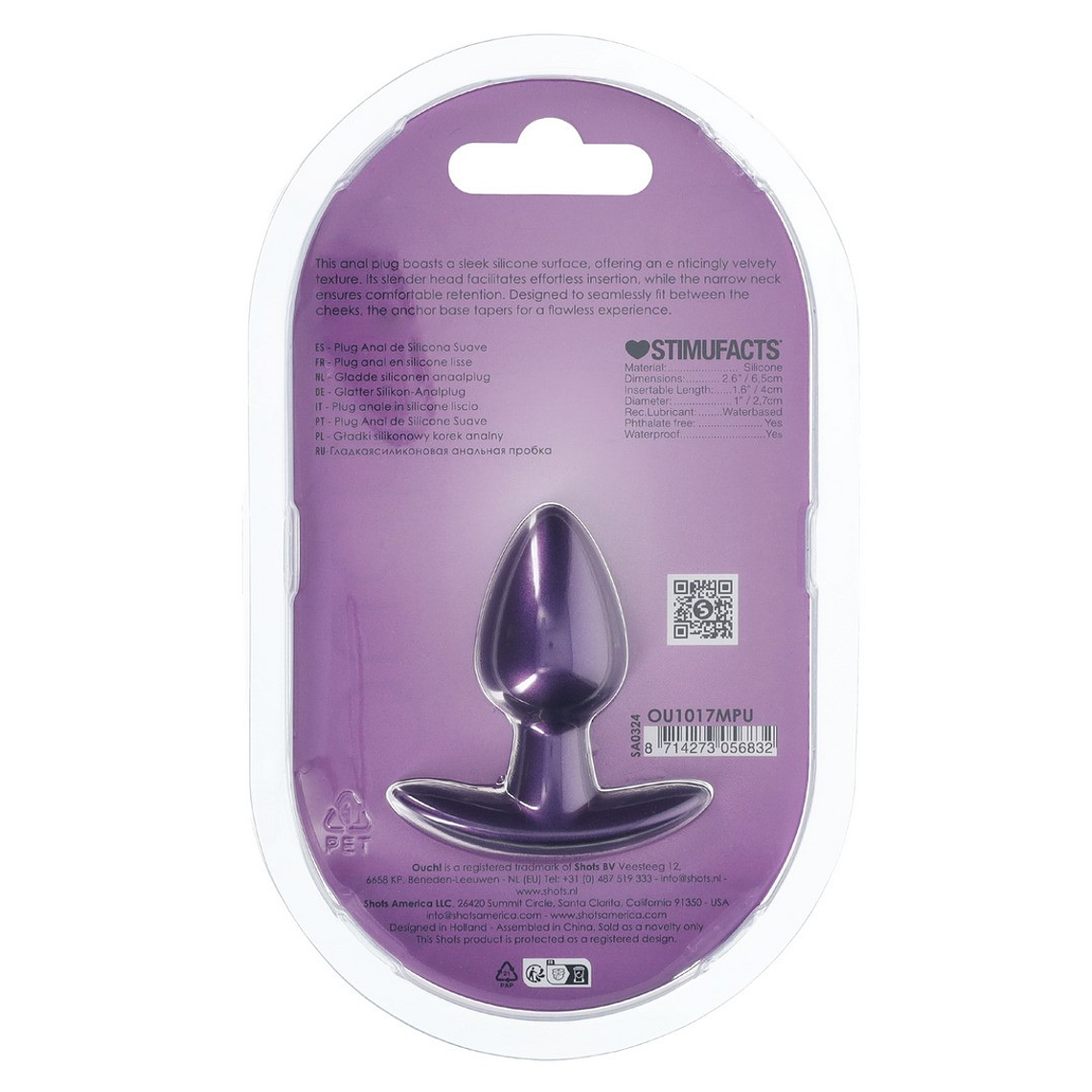 PLUG ANAL SMOOTH SILICONE SMALL 2.6 /6,5 CM METALLIC PURPLE OUCH! 3