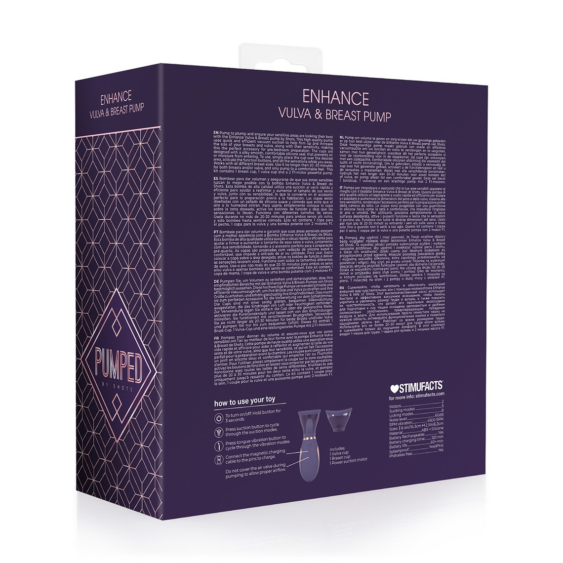 BOMBA RECARREGÁVEL PARA VULVA E SEIOS ENHANCE ROXO PUMPED 3