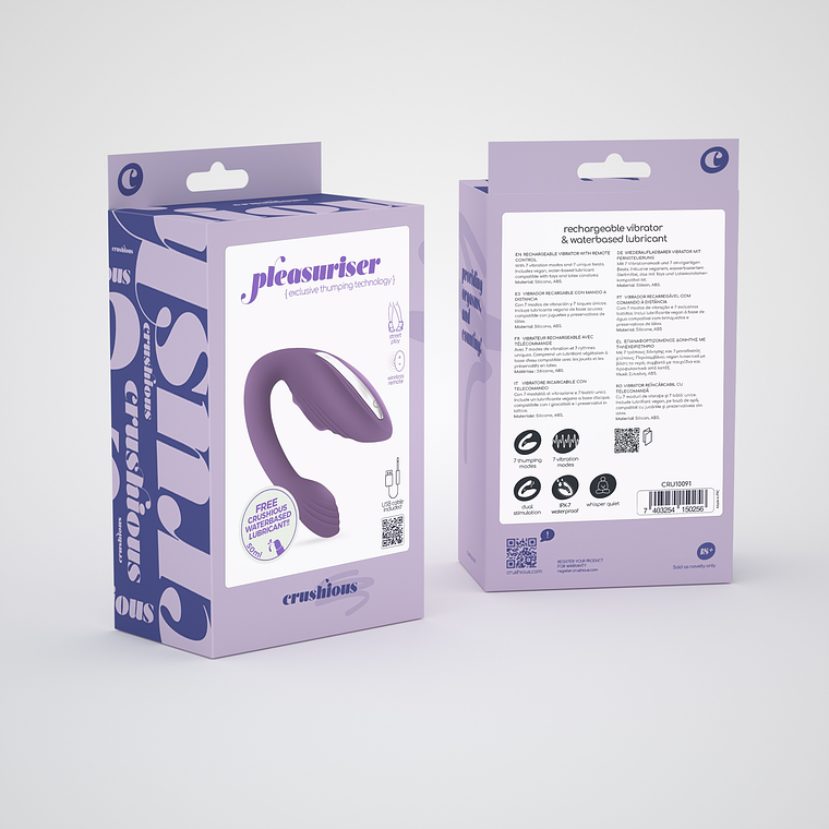 VIBRADOR RECARREGÁVEL COM COMANDO PLEASURISER E OFERTA DE LUBRIFICANTE À BASE DE ÁGUA CRUSHIOUS 11
