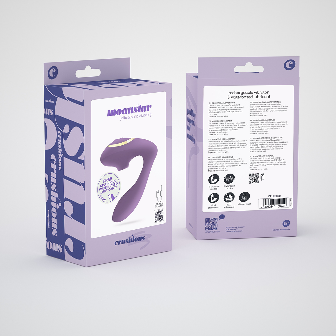 ESTIMULADOR RECARREGÁVEL MOANSTAR COM OFERTA DE LUBRIFICANTE À BASE DE ÁGUA CRUSHIOUS 10