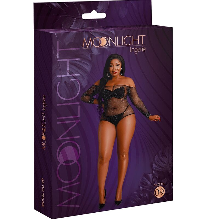 MOONLIGHT - MODELO 9 BODY MANGA COMPRIDA PRETO BRILHANTE PLUS SIZE 1