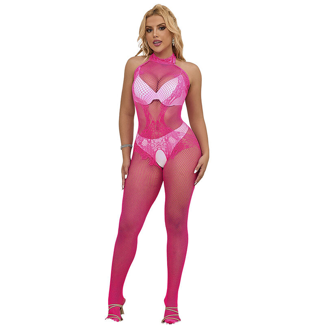 SUBBLIME - 952389 BODYSTOCKING SEM FUNDO DE REDE E RENDA COM GOLA ALTA ROSA TAMANHO ÚNICO 1