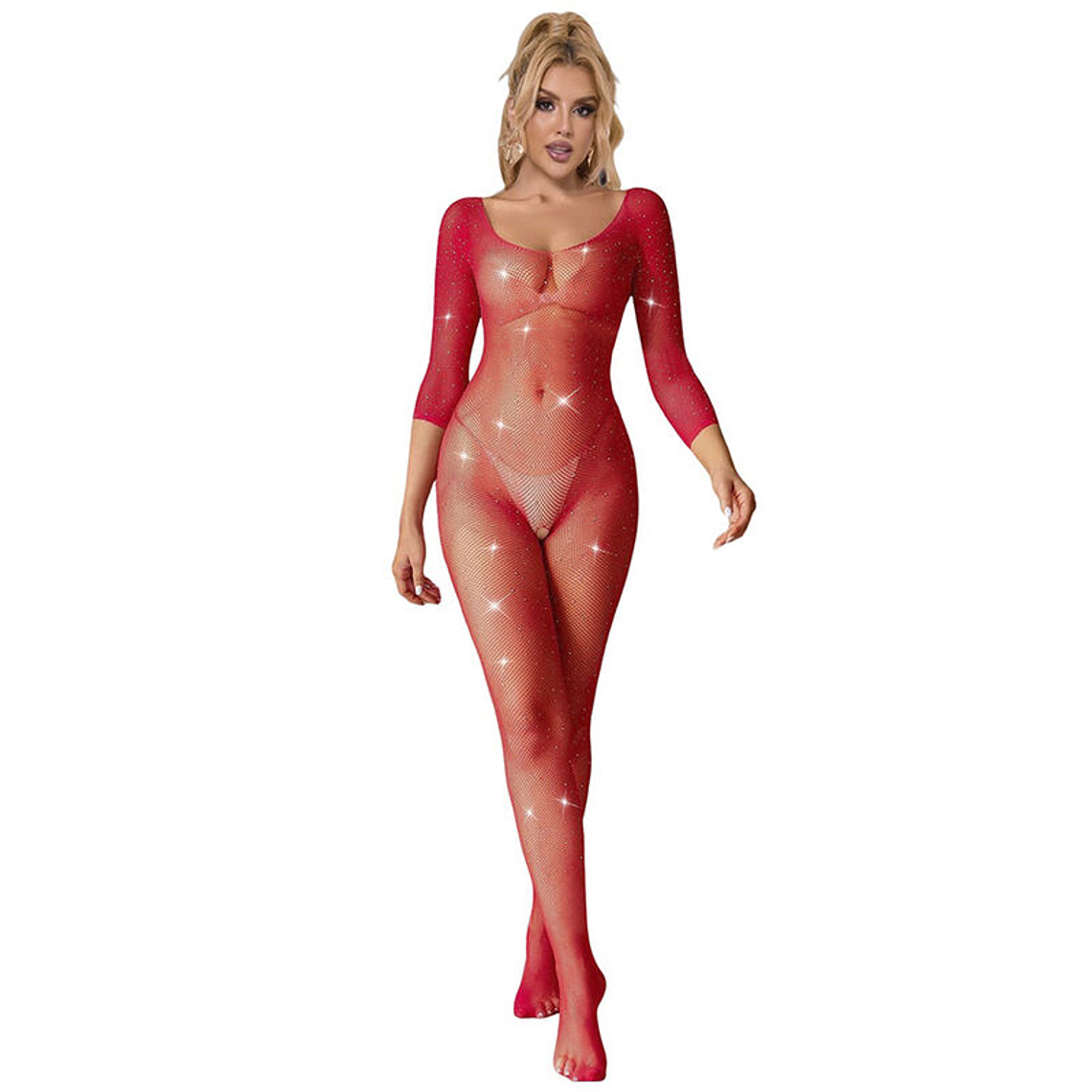 SUBBLIME - 952419 BODYSTOCKING DE REDE COM DIAMANTES MANGA LONGA VERMELHO XS/M 1