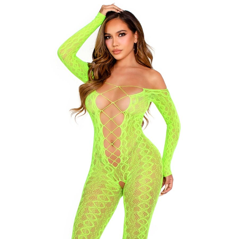 LEG AVENUE - BODYSTOCKING SEM BASE EXÓTICO RENDA DE COBRA VERDE NEON 1