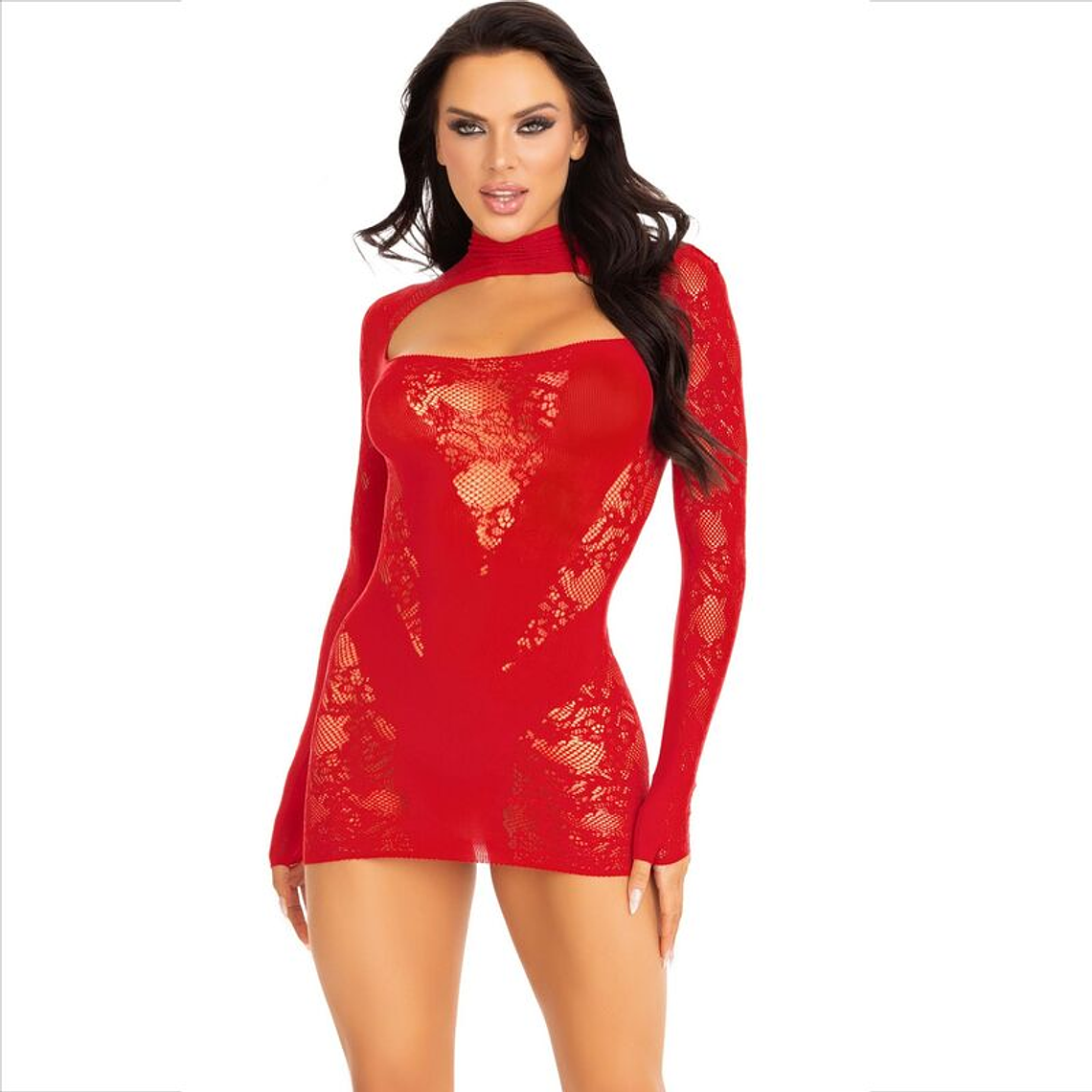 LEG AVENUE - MINI VESTIDO COM RENDA MANGA COMPRIDA VERMELHO 1