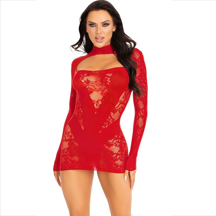 LEG AVENUE - MINI VESTIDO COM RENDA MANGA COMPRIDA VERMELHO 1