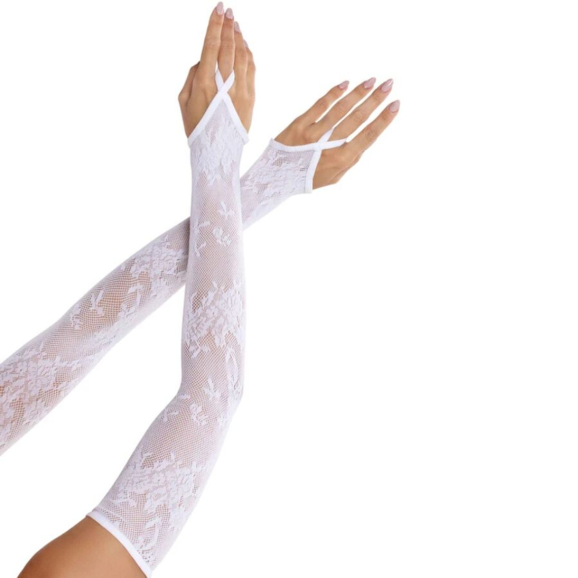 LEG AVENUE - LUVAS EXTRA LONGAS COM RENDA FLORAL E AQUECEDOR DE BRAÇOS BRANCAS 1