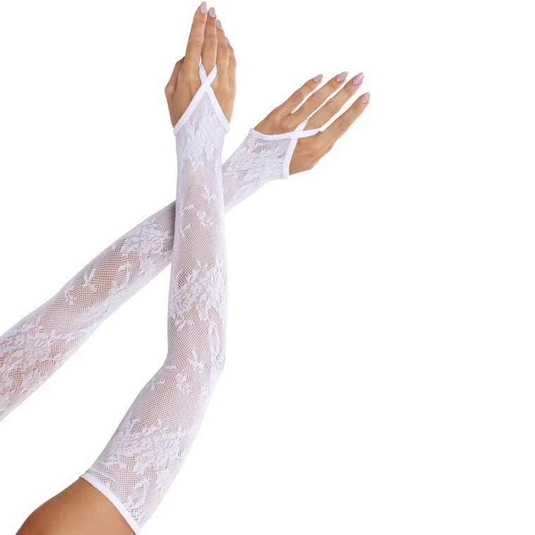 LEG AVENUE - LUVAS EXTRA LONGAS COM RENDA FLORAL E AQUECEDOR DE BRAÇOS BRANCAS 1