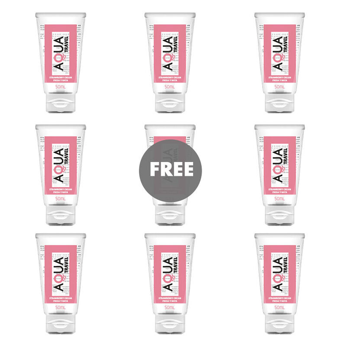 AQUA TRAVEL - LUBRIFICANTE À BASE DE ÁGUA COM SABOR DE CREME DE MORANGO AQUA TRAVEL - 50 ML 8+1 GRÁTIS 1