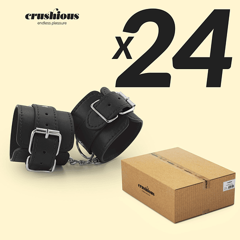 Pack 24 Algemas Bondage Ajustáveis Crushious | Couro Preto com 3 Anéis