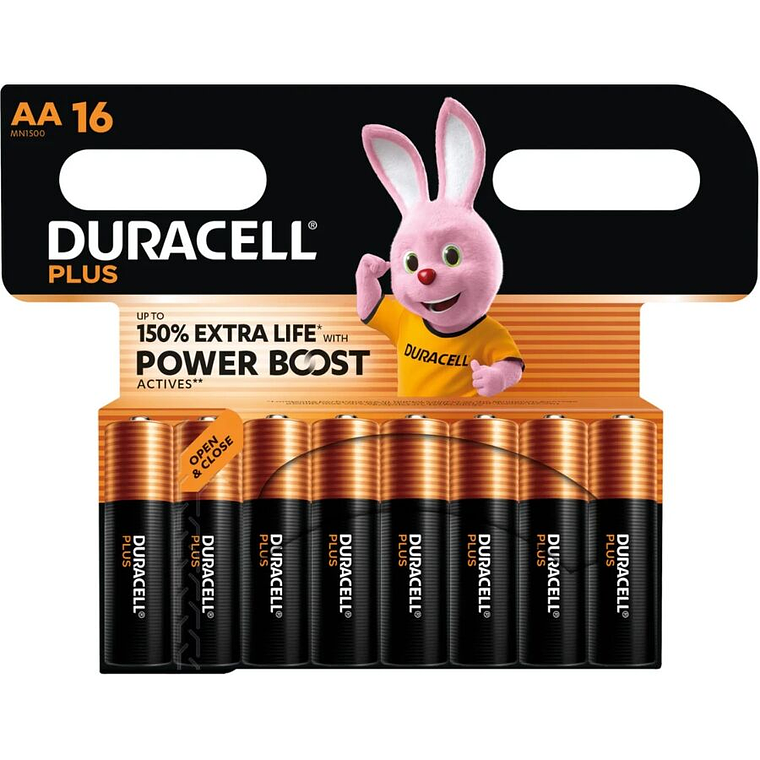 DURACELL - PLUS POWER BOOST PILHAS ALCALINAS AA LR6 BLISTER x 16 1