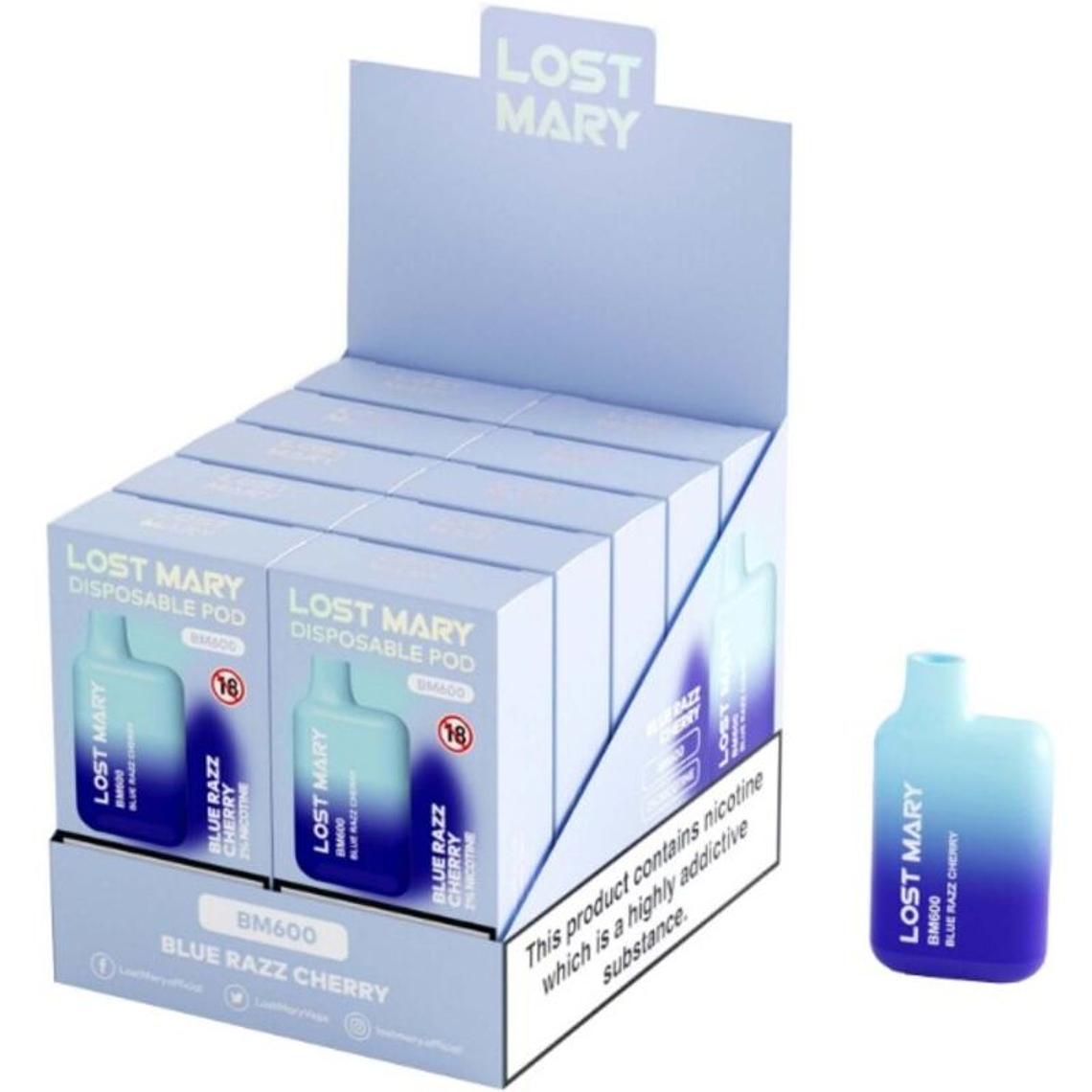 LOST MARY - (EXPOSITOR PROFESSIONAL PACK -10 UNIDADES) BM600 NICOTINE VAPER 2% DESCARTÁVEL AZUL RAZZ CHERRY 1