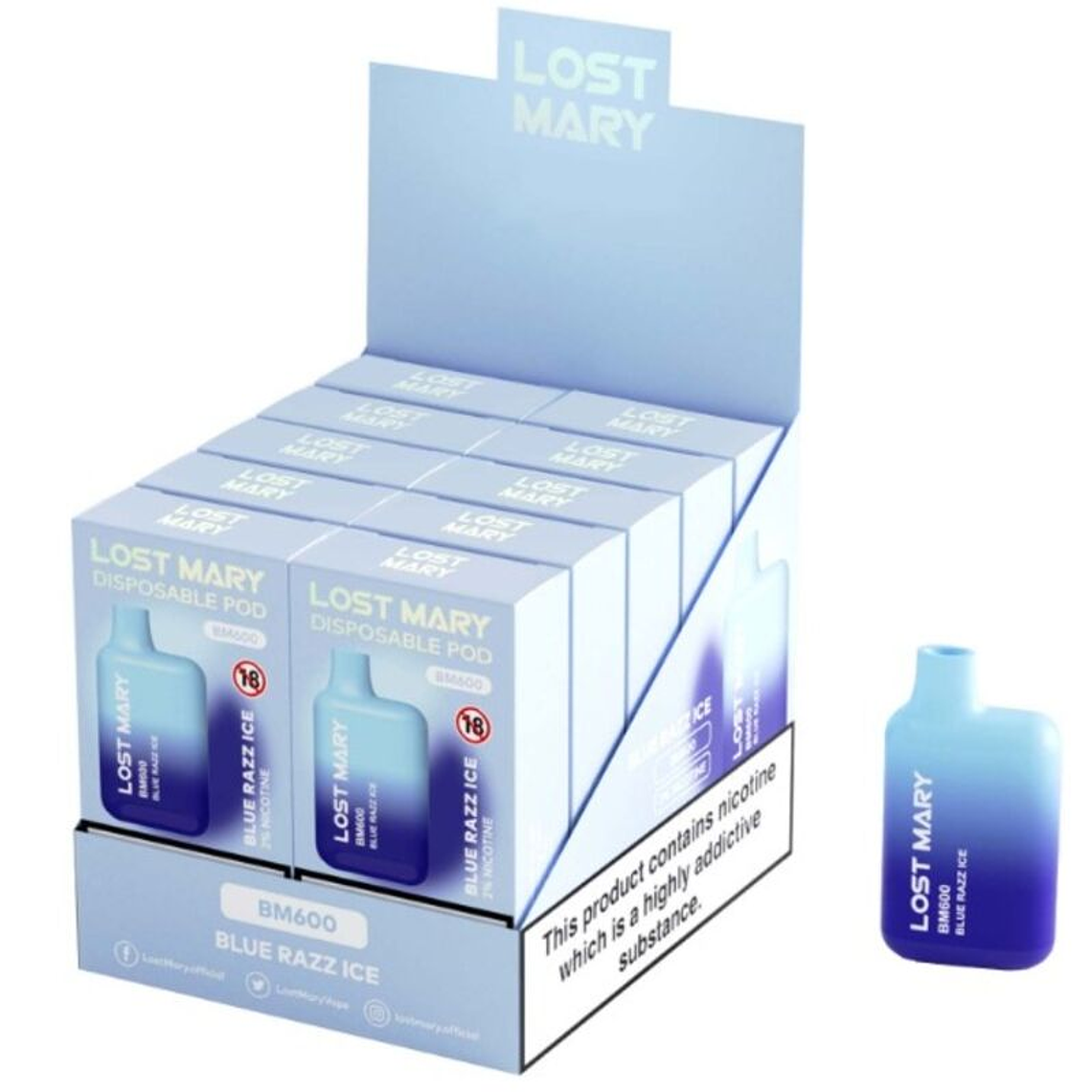LOST MARY - (EXPOSITOR PROFESSIONAL PACK -10 UNIDADES) BM600 NICOTINE VAPER 2% DESCARTÁVEL AZUL RAZZ ICE 1