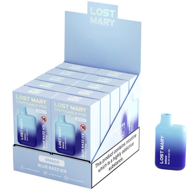 LOST MARY - (EXPOSITOR PROFESSIONAL PACK -10 UNIDADES) BM600 NICOTINE VAPER 2% DESCARTÁVEL AZUL RAZZ ICE 1