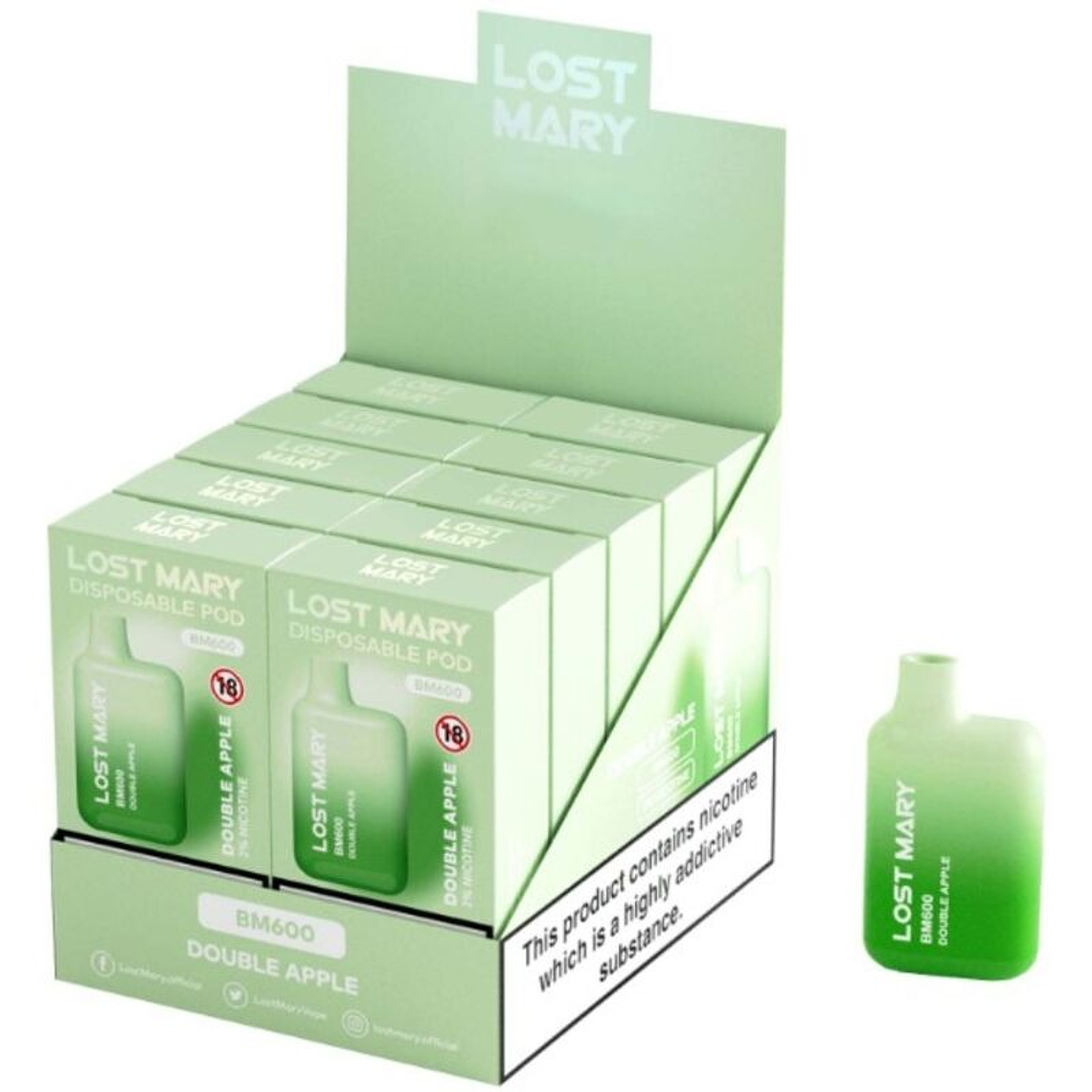 LOST MARY - (EXPOSITOR PROFESSIONAL PACK -10 UNIDADES) BM600 NICOTINE VAPER 2% DESCARTÁVEL DUPLO APPLE 1