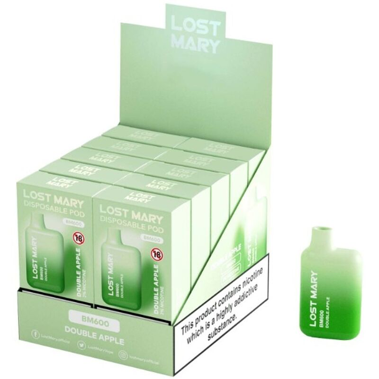 LOST MARY - (EXPOSITOR PROFESSIONAL PACK -10 UNIDADES) BM600 NICOTINE VAPER 2% DESCARTÁVEL DUPLO APPLE 1