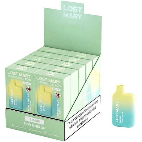 LOST MARY - (EXPOSITOR PROFESSIONAL PACK -10 UNIDADES) BM600 NICOTINE VAPER 2% DESCARTÁVEL TRIPLE MELÃO